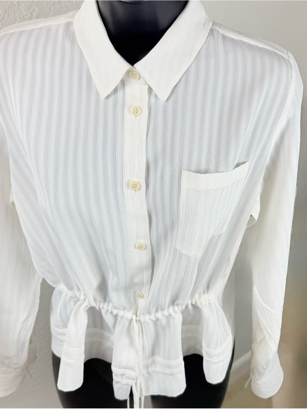 ALTUZARRA Off White Textured Striped Drawstring Blouse -‎ Size 36/US 4 Designer